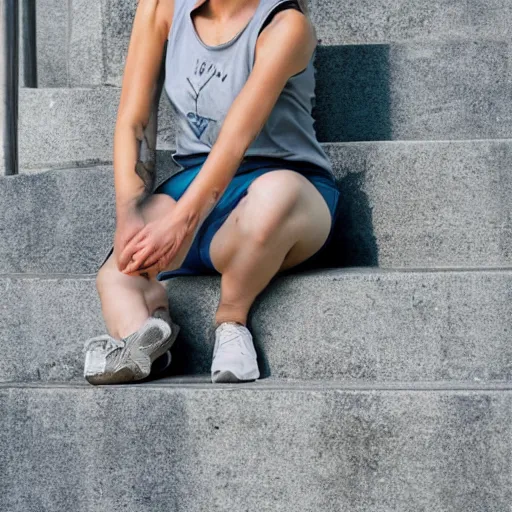 Prompt: female shark fursona sitting on concrete stairs, wearing a tank top and cargo pants, looking forward, pointing forward