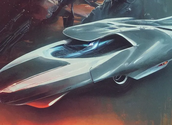 Prompt: ( ( ( ( ( 1 9 8 2 pontiac trans am, jaguar e - type, car concept art, sci - fi illustration, painting ) ) ) ) ) by vincent di fate and john berkey and blade runner 2 0 4 9!!!!!!!