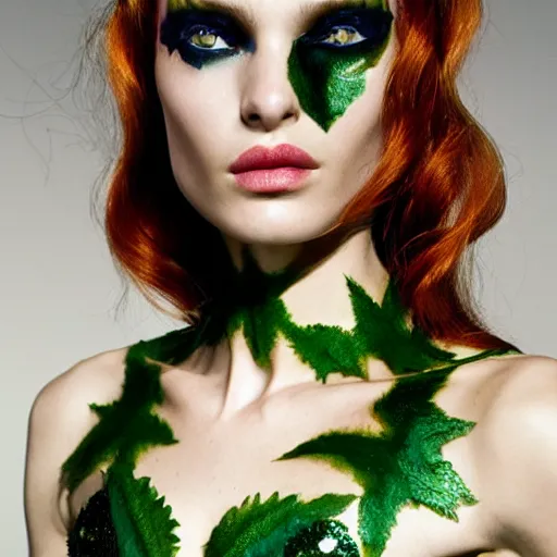 Image similar to A beautiful portrait of Daria Strokous as Poison Ivy from Batman as a Versace fashion model Spring/Summer 2010, highly detailed, in the style of cinematic, Getty images, Milan fashion week backstage, Makeup by Pat McGrath, Hair by Guido Palau, Greg rutkowski