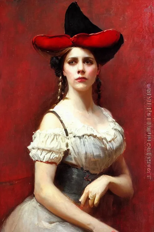 Prompt: Solomon Joseph Solomon and Richard Schmid and Jeremy Lipking victorian genre painting full length portrait painting of a young beautiful woman traditional german french barmaid pirate wench in fantasy costume, red background
