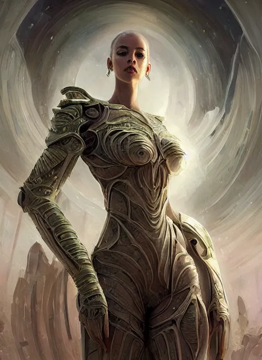 Image similar to a professional painting of a beautiful young female alien, clothed in ethereal armor, olive skin, long dark hair, beautiful bone structure, symmetrical facial features, intricate, elegant, digital painting, concept art, smooth, sharp focus, illustration, from Valerian and the City of a Thousand Planets, by Ruan Jia and Mandy Jurgens and Artgerm and William-Adolphe Bouguerea