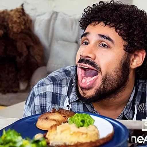 Image similar to curly haired mixed Hispanic with the biggest underbite looks in awe at a gigantic feast in front of him