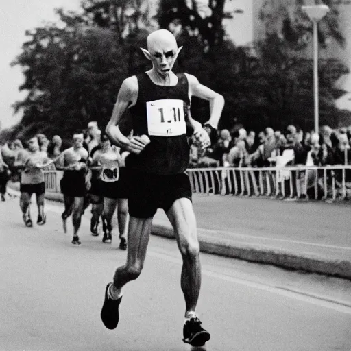 Prompt: portrait of nosferatu running a marathon, sport photography