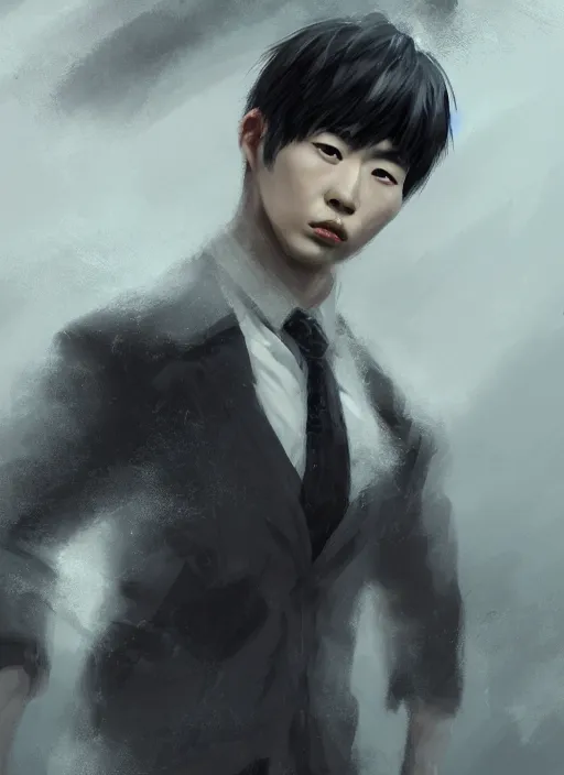 Image similar to a highly detailed illustration of attractive korean man with bowl cut black hair wearing shirt and tie with giant black claws, wielding giant black fog claws pose, tired expression, foggy black mist surrounding background, intricate, elegant, highly detailed, centered, digital painting, artstation, concept art, smooth, sharp focus, league of legends concept art, wlop.