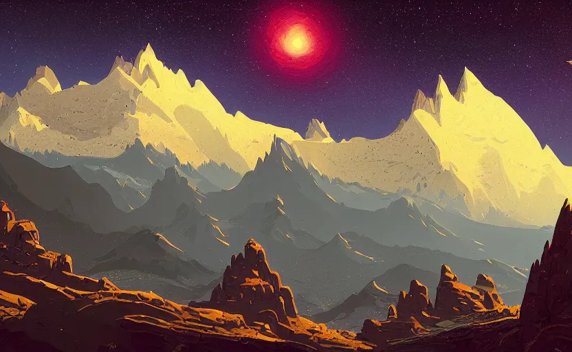 Prompt: mountains, stars and paisley filled sky, artstation, intricate, highly detailed, digital painting, concept art, sharp focus, illustration by Raphael Lacoste and Tom Whalen