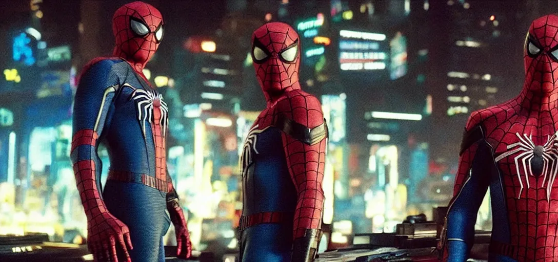 Image similar to a film still from a gritty cyberpunk 2 0 0 0 s james cameron movie about spider - man. realism, cinematic lighting, 4 k. 8 mm. grainy. panavision.