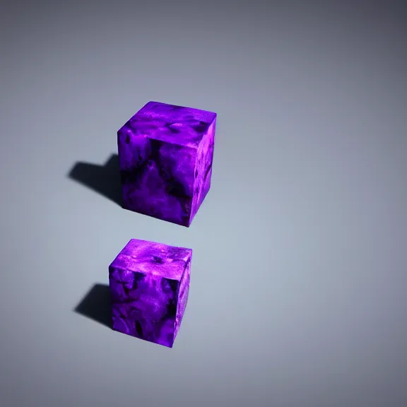 Prompt: a 4 k photorealistic photo close up of a purple stone cube, mysterious.