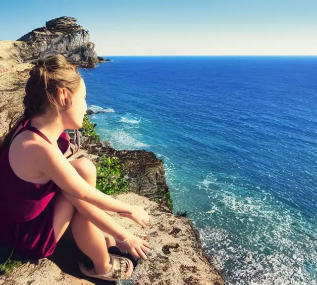 Image similar to a 4 k photorealistic photo of a girl sitting on a cliff overlooking a beach