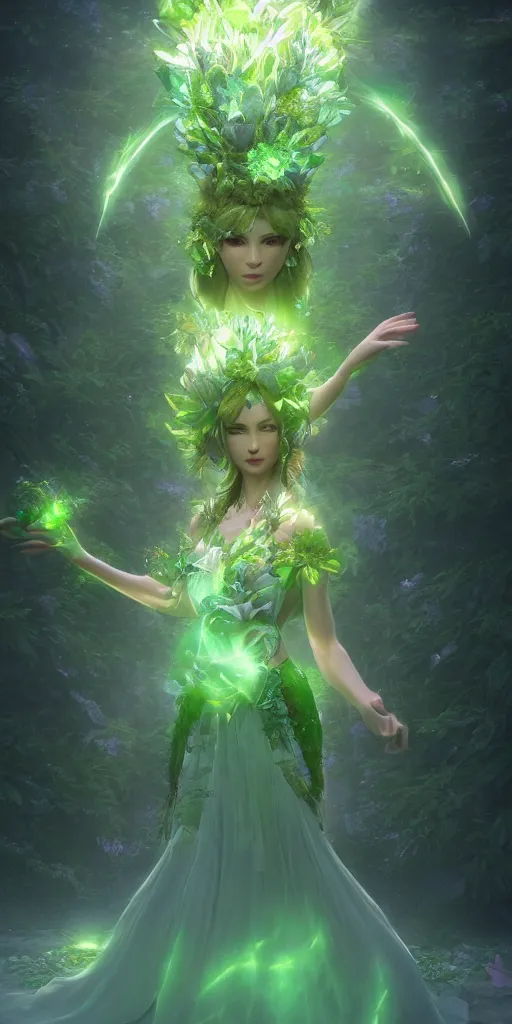 Prompt: flower goddes, concept character, beautiful, stunning, green mist, radiating power, energy, god rays, luminescence, fractal, unreal engine, 8k