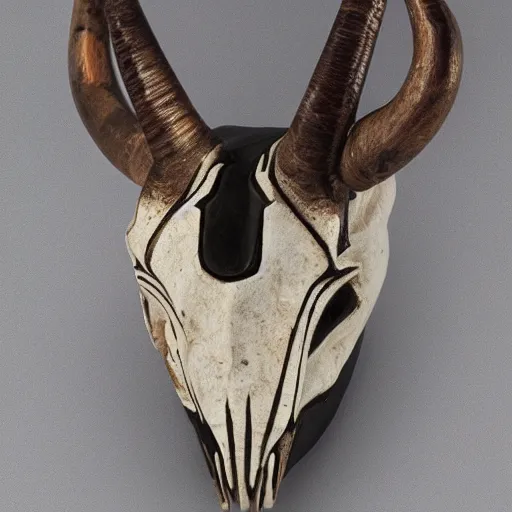 Image similar to A human-like creature with glowing white eyes and a powerful, thick neck. Ram-like horns protrude from it's head. Tribal bone jewelry decorates his features