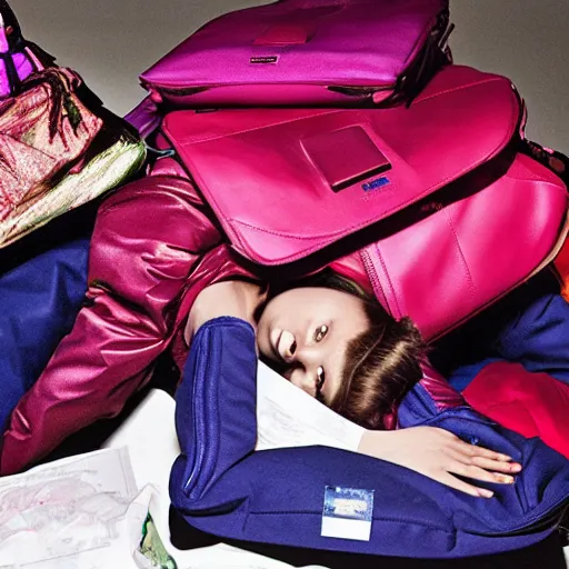 Image similar to a girl trapped under a big pile of backpacks, raf simons campaign, dramatic lighting, new york city