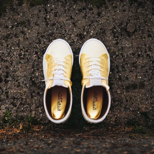 Prompt: Platform sneakers made out of solid gold, EOS-1D, f/1.4, ISO 200, 1/160s, 8K, RAW, unedited, symmetrical balance, in-frame