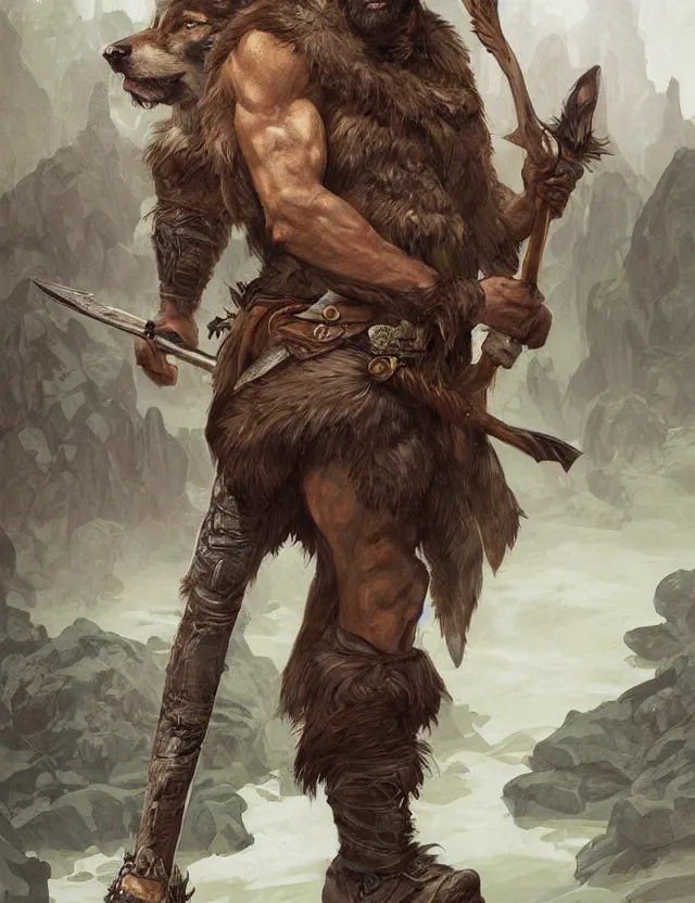 Image similar to portrait of a gruff ranger holding a spear, accompanied by a wolf dog, muscular, upper body, hairy body, D&D, fantasy, intricate, elegant, highly detailed, digital painting, artstation, concept art, matte, sharp focus, illustration, art by Artgerm and Greg Rutkowski and Alphonse Mucha