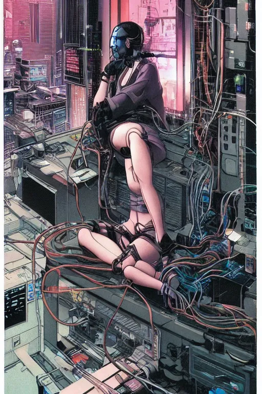 Image similar to a perfect cyberpunk illustration of a female android seated on the floor in a tech labor, seen from the side with her body open showing cables and wires coming out, by masamune shirow and katsuhiro otomo, japan, 1980s, dark, colorful