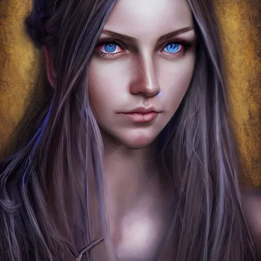 Image similar to portrait, 30 years old women :: fantasy :: blue eyes, long straight blonde hair, flower in hair :: attractive, symmetric face :: brown medieval cloting, natural materials :: high detail, digital art, RPG, concept art, illustration