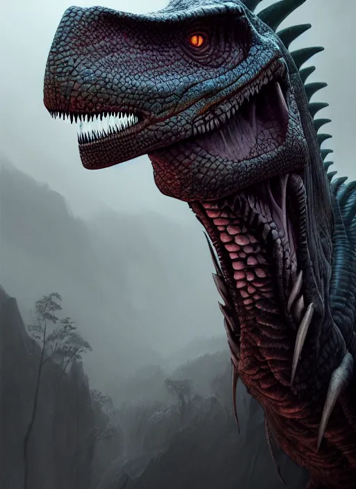 Prompt: hyper detailed ultra sharp photorealistic portrait of dinosaur, somber gothic aesthetic, masterpiece, elite, illustration, art by melissa houpert, felix englund, greg rutkowski, organic matte painting, bleak color palette, hard edges, smooth, artstation trending 8 k