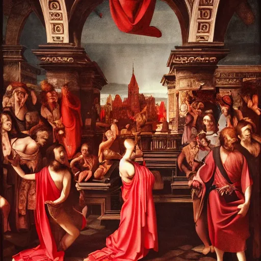 Image similar to the goddess of blood in silk robes of blood, cultists watching, red hoods, candle lights, renaissance, baroque, gothic, high detail, dark lighting, atmospheric, extremely detailed, intricate, smooth, da vinci, michelangelo, caravaggio, 8 k