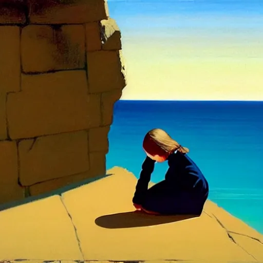 Image similar to asymmetrical, 6 year old girl kneels at edge of cliff facing a gigantic son, by jack vettriano,