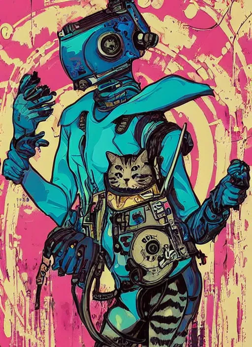 Image similar to cyberpunk cat cyborg portrait illustration, pop art, splash painting, art by geof darrow, ashley wood, alphonse mucha, makoto shinkai