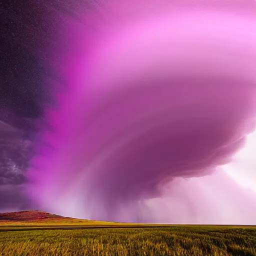 Image similar to amazing photo of purple clouds in the shape of a tornado by marc adamus, digital art, beautiful dramatic lighting