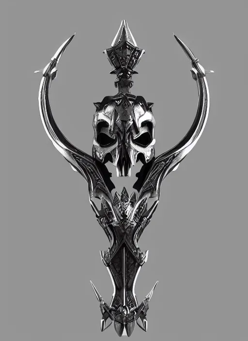 Image similar to a black and silver sword skull crest, orthographic, ornament, weapon, a 2 d render by dom qwek, front side, concept art, trending on polycount, artstation, hard surface modeling, rendered in maya, zbrush, hd, vray, blizzard, symmetry