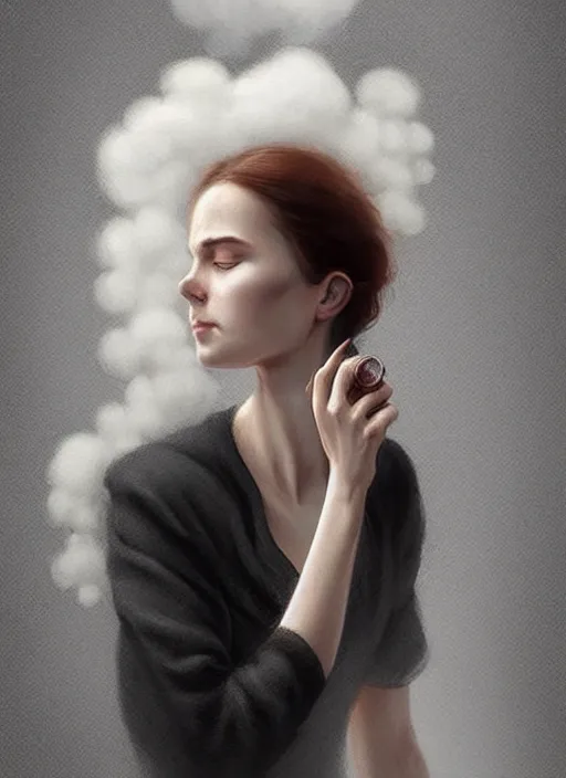 Image similar to portrait of finnish woman vanishhing slowly as an smoke to the air, realistic smoke, elegant, highly detailed, digital illustration, trending in artstation, trending in pinterest, glamor pose, concept art, smooth, sharp focus, art by artgerm and greg rutkowski