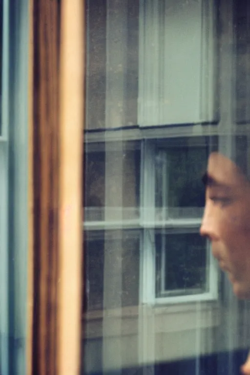 Image similar to kodak portra 4 0 0 photograph of a guy looking out their window, eyes, beautiful eyes, stunning eyes, close up, telephoto, faded effect, grain,