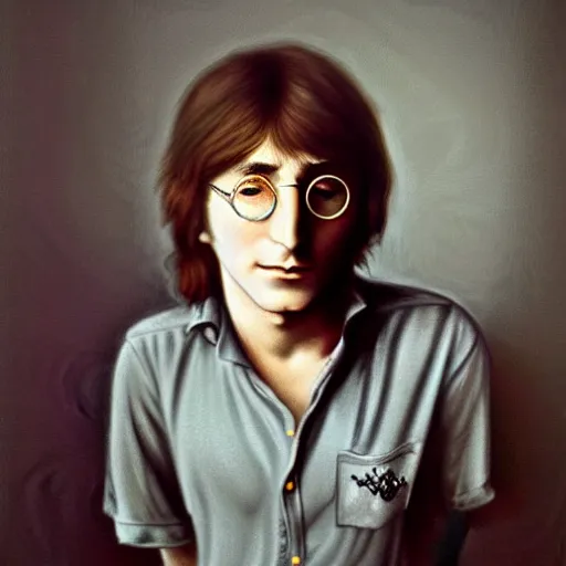 Image similar to A portrait of teenage John Lennon, by Annie Leibovitz, oil painting, majestic, detailed, high resolution