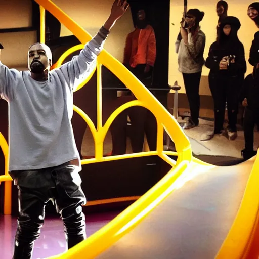 Prompt: kanye west performing a concert in a mcdonalds playplace