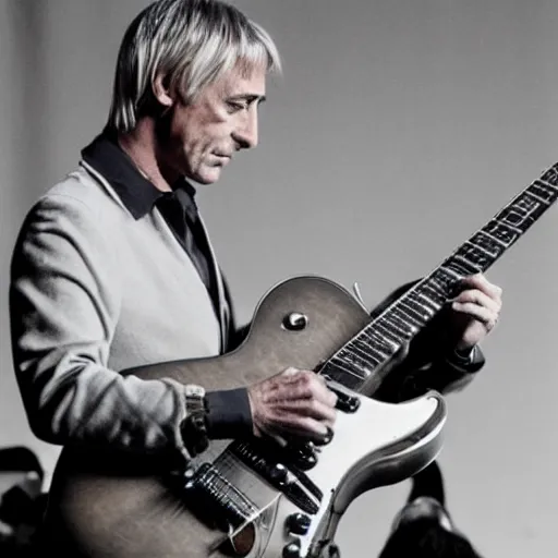 Prompt: a realistic photo of paul weller playing guitar