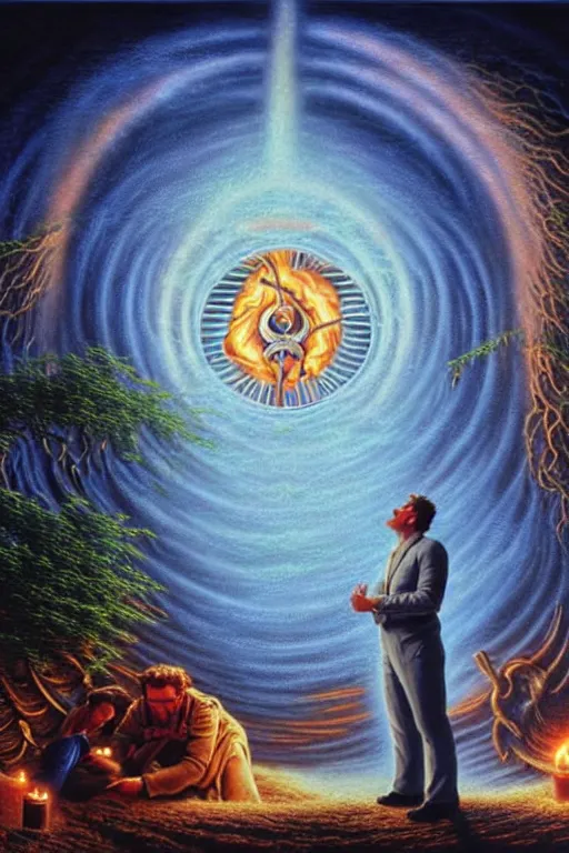 Prompt: a photorealistic detailed cinematic image of a man at the moment of death, being reborn, portal to the afterlife. met by friends and family, overjoyed, emotional by pinterest, david a. hardy, kinkade, lisa frank, wpa, public works mural, socialist