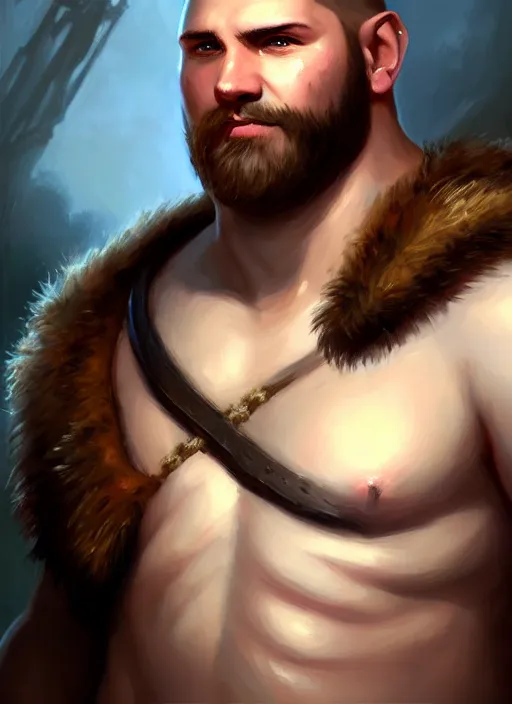 Prompt: a _ fantasy _ style _ portrait _ painting _ of chubby white barbarian male very short hair short stubble, brown hair, rpg dnd oil _ painting _ unreal _ 5 _ daz. _ rpg _ portrait _ extremely _ detailed _ artgerm _ greg _ rutkowski _ greg