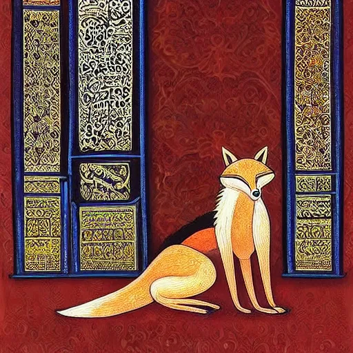 Image similar to An anthropomorphic fox in a silk robe sitting inside a lavish mosque, beautiful painting