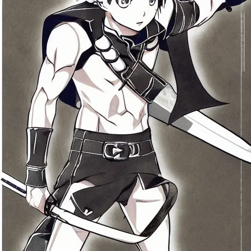 Prompt: young anime hero with a sword, illustrated by mato and ken sugimori, studio ghibili, manga, black and white illustration