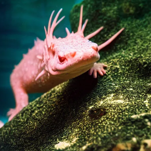 Image similar to Close up of an axolotl in an aquarium, insanely detailed, octane render, cinestill 800t, low light and soft focus