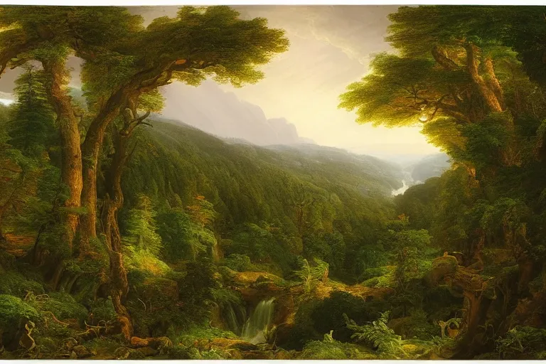 Image similar to top down view of lush pine forest, many witch houses, river flowing through the forest by thomas cole by justin gerard