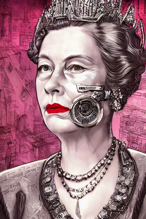 Prompt: heroine, beautiful,vintage ink style, cyberpunk queen elizabeth,ultra detailed, digital art, 8k ,character ,realistic, portrait, hyperrealistic