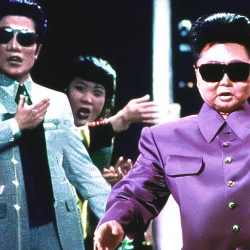 Image similar to A movie still of Kim Jong Il wearing a disco suit in Satuday Night Fever