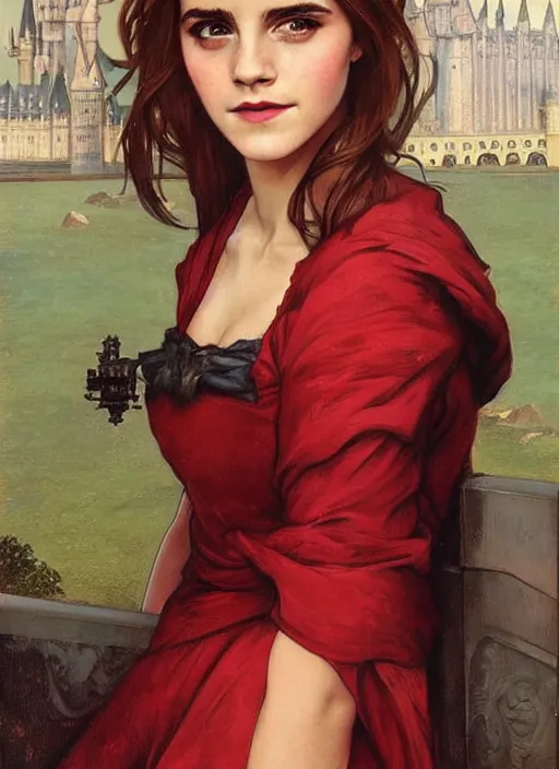 Prompt: oil painting of emma watson giving seductive look wearing red and gold. hogwarts in background beautiful detailed face. by artgerm and greg rutkowski and alphonse mucha