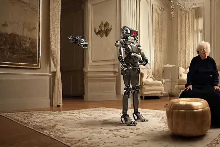 Image similar to VFX movie portrait of happy old woman stand-off with futuristic robot in a decadent living room by Emmanuel Lubezki