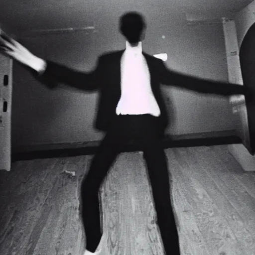 Prompt: a smudged, scratched, grainy and blurry photograph showing the whole body of a slender man dynamically and frenetically moving in a dark room. his dance is wild and unpredictable