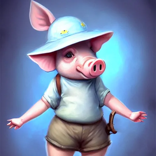 Image similar to cute little anthropomorphic funny female pig wearing shorts, a hat, boots and a pale blue shirt!! tiny!! fully clothed!!! small, short, cute and adorable, character art portrait, matte fantasy painting, deviantart artstation, by jason felix by steve argyle by tyler jacobson by peter mohrbacher, cinema