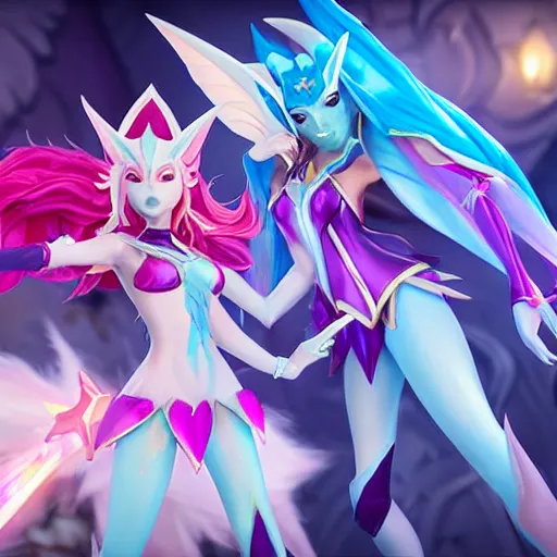 Prompt: star guardian xayah and star guardian kai'sa are friends, league of legends, by weta digital, 3 - dimensional, photograph, hyper relealistic, rays of shimmering light