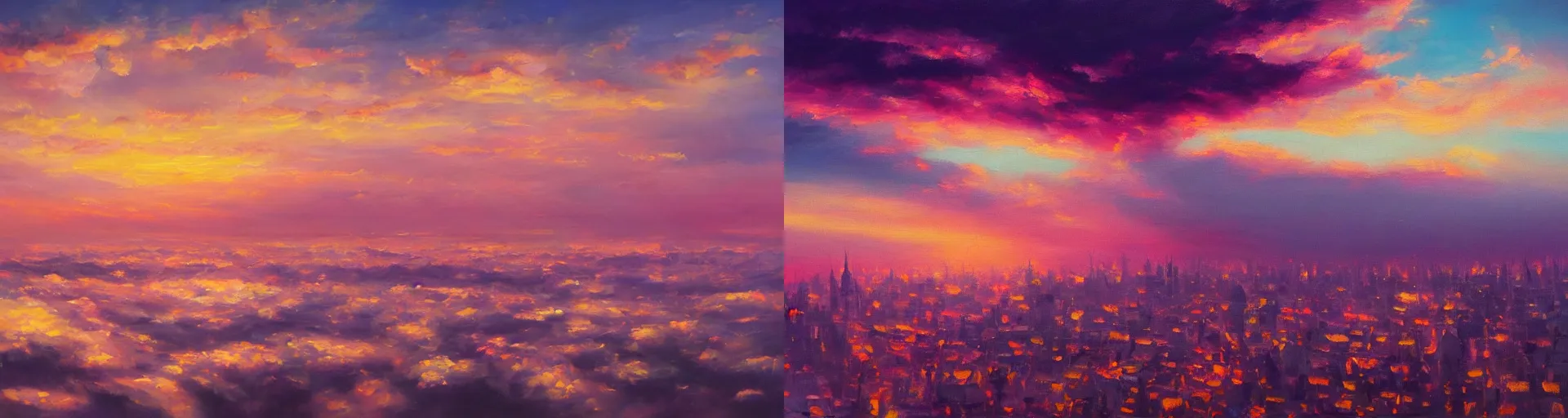 Prompt: a beautiful city floating in the clouds during a pink sunset, oil painting, dramatic fantasy lighting