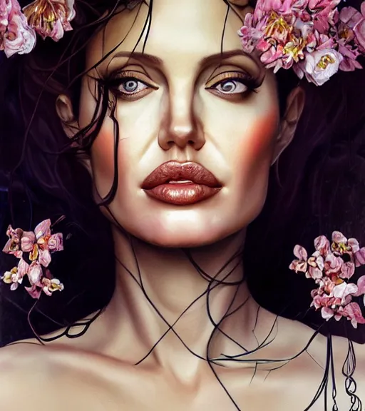 Image similar to portrait of the angelina jolie, surrounded by flowers by karol bak, james jean, tom bagshaw, rococo, symmetrical eyes, trending on artstation, cinematic lighting, hyper realism, octane render, 8 k, hyper detailed.