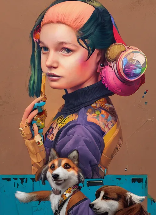 Image similar to beautiful portrait painting of a hiphop lofi cyberpunk princess girl and her corgi royalty, by Alex Gross, WLOP, Josan Gonzalez, Kieron Gillen. trending on Artstation, 8k, masterpiece, face enhance, graffiti paint, fine detail, full of color, intricate detail, golden ratio illustration