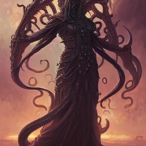 Prompt: a ancient cthulhu goddess, D&D, fantasy, intricate, highly detailed,, artstation, concept art, smooth, sharp focus, art by artgerm and greg rutkowski and alphonse mucha