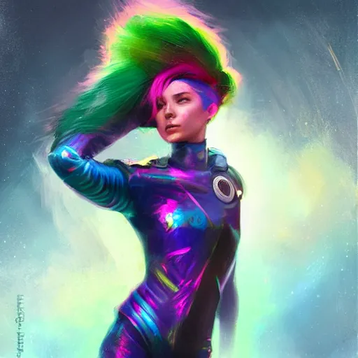 Prompt: girl with rainbow hair wearing futuristic space armor, official art, by jeremy lipking, by charlie bowater, photorealistic digital drawing, anime style, cgsociety, digital art