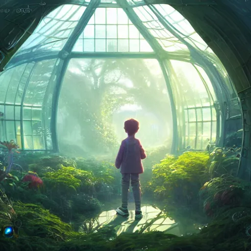 Prompt: , boy with grandma in scifi green house, spaceship, plants, stephen bliss, misty, unreal engine, pixar, fantasy art by greg rutkowski, loish, ferdinand knab, and lois van rossdraws, global illumination, radiant light, minimalist, detailed and intricate environment