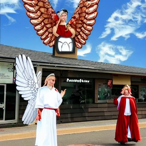 Image similar to angels in heavenly garb complete with wings working at a mcdonald's.